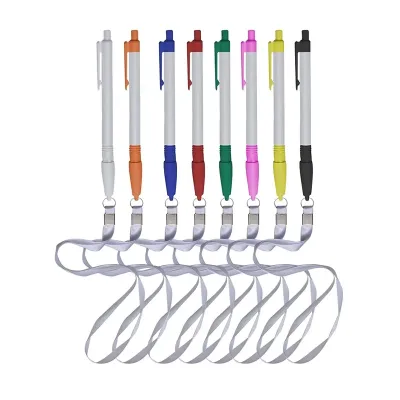 Caneta Plástica com Cordão: cores disponíveis