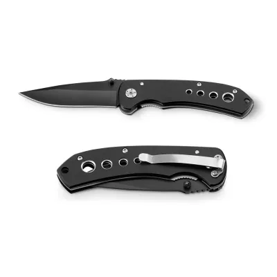 Canivete em aço inox e metal com fecho de segurança e clipe