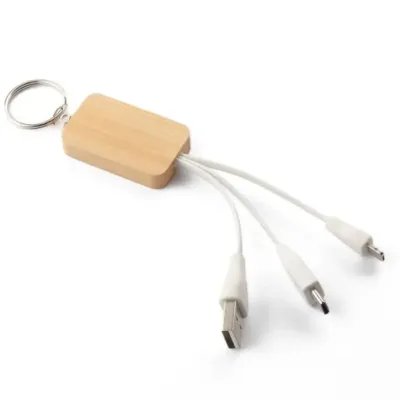 Chaveiro em bambu com cabo para carregamento USB-A 