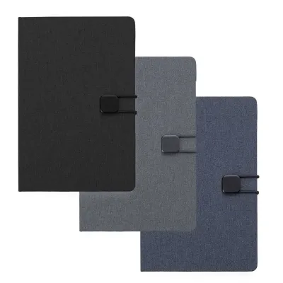Caderno de anotações com elástico, capa dura em tecido poliéster