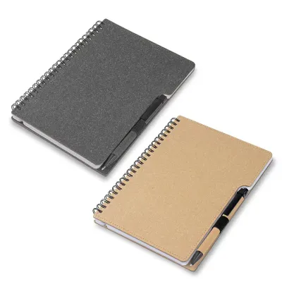 Caderno de anotações em papelão reciclável com suporte para caneta