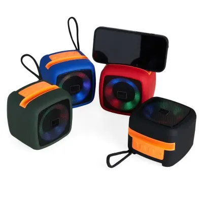 Caixa de som com conectividade TWS, luzes RGB e suporte para celular