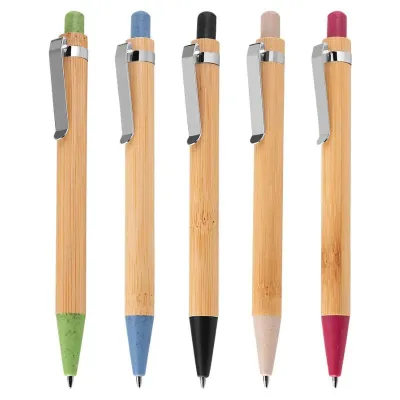 Caneta corpo de bambu com detalhes em plástico e metal
