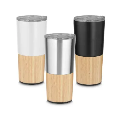Copo térmico parede dupla em aço inox, detalhe em bambu