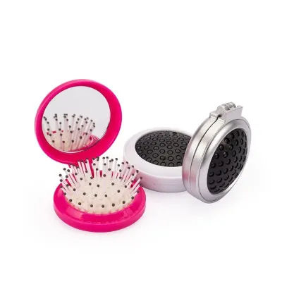 Escova com espelho redonda em plástico resistente.