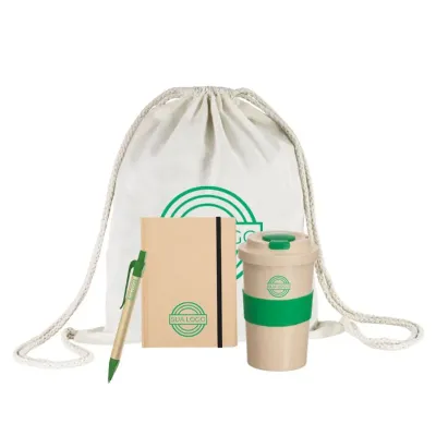 Kit com Mochila saco, Bloco, Caneta e Copo