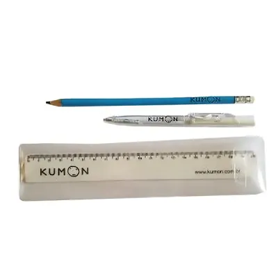 Kit com lápis com borracha no topo, régua de 20 cm e caneta esferográfica 