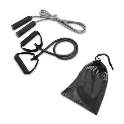 Conjunto de fitness composto por elástico e corda de pular