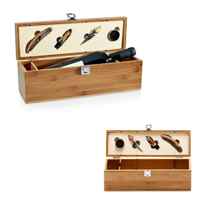 Conjunto para vinho em bambu, zinco e inox