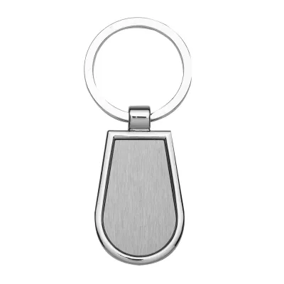 Chaveiro de metal formato gota com chapa central, verso liso.