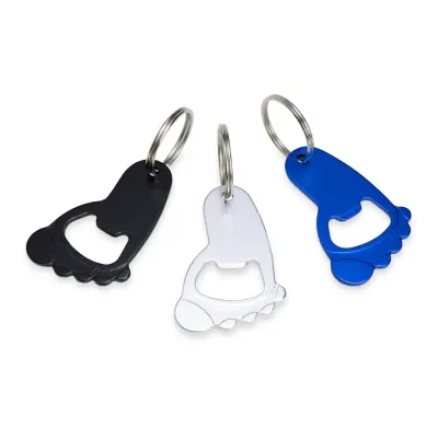 Chaveiro abridor azul metálico.