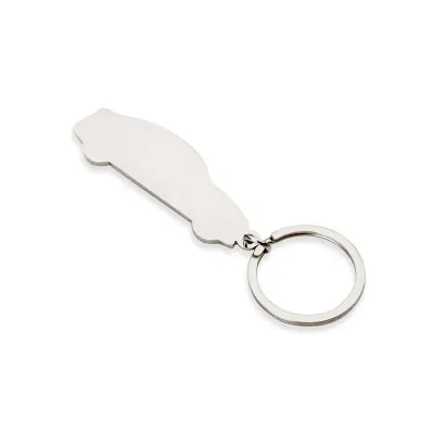 Chaveiro metal formato carro com detalhes preto em relevo e verso espelhado.