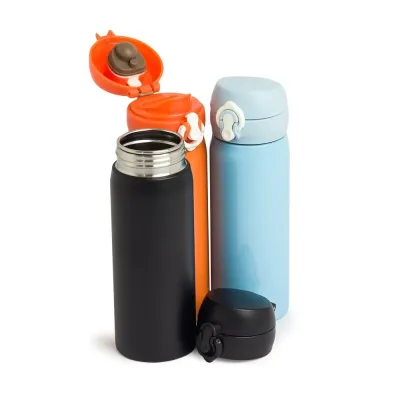 Garrafa 500ml em inox com botão e válvula para abertura. Possui um sistema de trava (basta mover ...