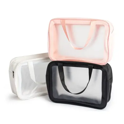 Nécessaire de PVC e PU resistente à água, com duas alças laterais de mão.