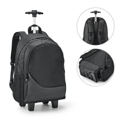 Mochila trolley para notebook em 300D com 2 rodas duplas. Compartimento principal forrado e almof...