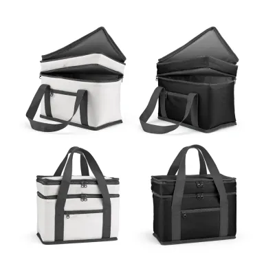 Sacola térmica em 600D poliéster reciclado (100% rPET). Contém 2 compartimentos principais com is...