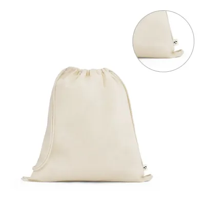 Sacola tipo mochila 100% algodão orgânico (140 g/m²), com alças em algodão para fechar. 370 x 410 mm