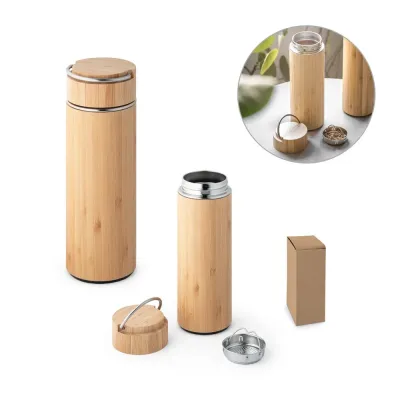 Squeeze em bambu e aço inox, com parede dupla isolada a vácuo e infusor para chá (térmico). Capac...