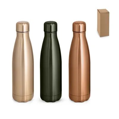 Garrafa em aço inox de parede dupla térmica, isolada a vácuo. Garrafa com acabamento metalizado e...