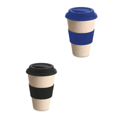 Copo para viagem em fibra de bambu, casca de arroz e melamina. Com tampa e banda de silicone e ca...