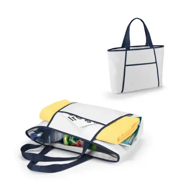 Sacola térmica em 600D com zíper e compartimento exterior aberto forrado que contém um bolso fron...