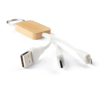 Chaveiro em bambu com cabo para carregamento USB-A a lightning (Iphone) e Tipo C. Como o bambu é ...
