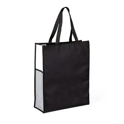 Sacola de mão em Nylon 600 preta/branca. Conta alça; com tela lateral; compartimento duplo, um co...