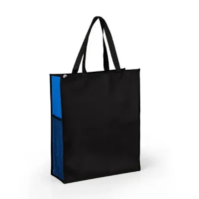 Sacola de mão em Nylon 600 preta/azul. Conta alça; com tela lateral; compartimento duplo, um com ...