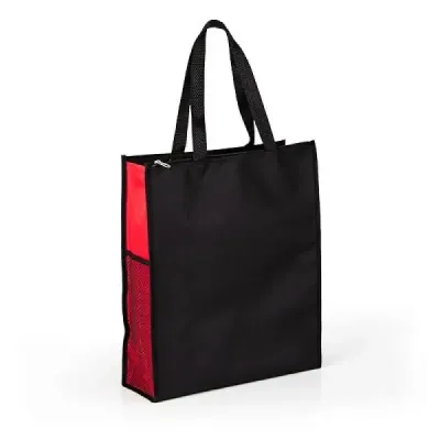 Sacola de mão em Nylon 600 preta/vermelha. Conta alça; com tela lateral; compartimento duplo, um ...