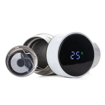 Garrafa em aço inox parede dupla 450ml com infusor, Display LED com termômetro digital na tampa p...