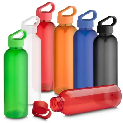 Garrafa *RPET com capacidade de até 550ml, tampa plástica com alça integrada.  *RPET: Tereftalato...