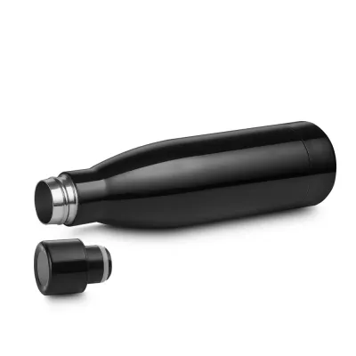 Garrafa térmica em aço inox com parede dupla isolada à vácuo, com tampa de inox na cor do produto...