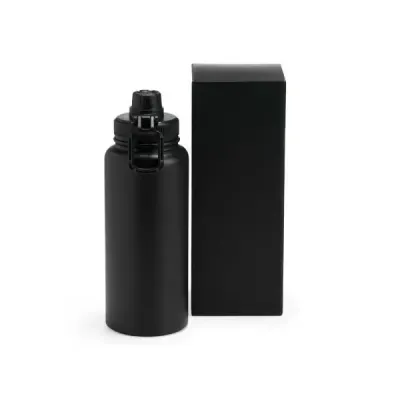 Garrafa em Inox na cor preta, confeccionada com dupla camada.\nConta com tampa rosqueável, bico c...