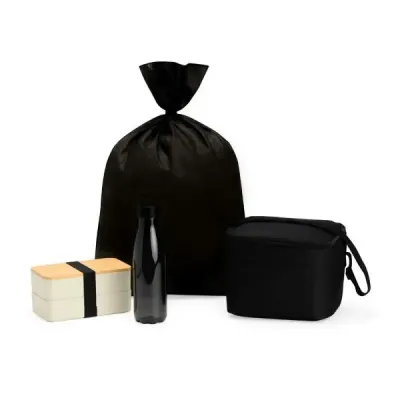 Composto por marmita dupla em Fibra de Trigo com tampa em Bambu; bolsa Térmica preta em Polyester...
