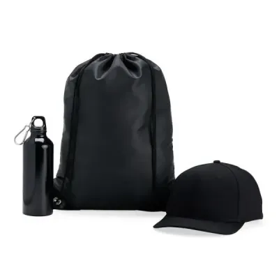 Kit com mochila, garrafa e boné (preto)