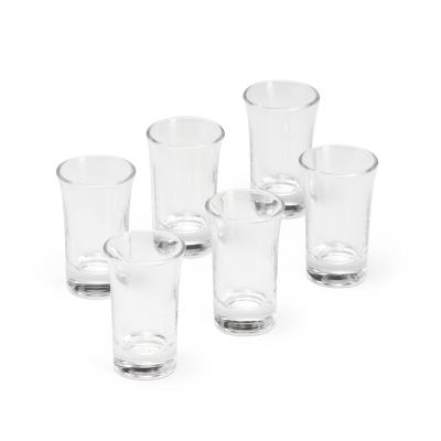 Kit com seis copos de vidro com capacidade máxima de 50ml cada. Circunferência: 13 cm