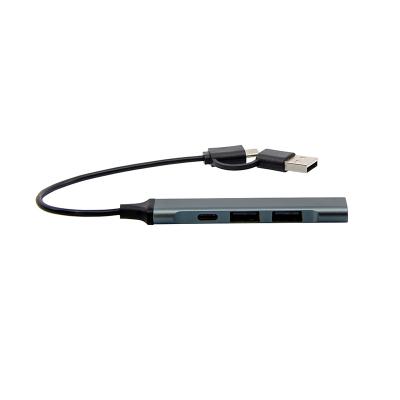 HUB em alumínio com 1 entrada USB, 1 USBC e saída com 3 USB e 1 USBC.