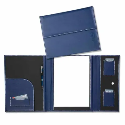 Pasta Executiva em couro legítimo, sintético ou ecológico, aba para papéis, três porta cartões, porta caneta e porta bloco formato A4