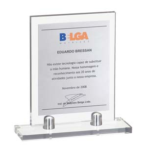 Troféu de aço e acrílico, com pinos cromados e saco de TNT.