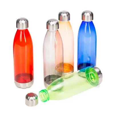 Squeeze plástico 700ml formato garrafa. Corpo transparente colorido, possui tampa e base em alumí...