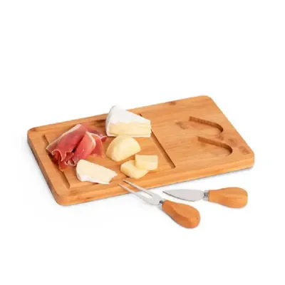 Tábua de queijos. Bambu e aço inox. Com 2 talheres. Incluso caixa de cartão. Food grade. 310 x 18...