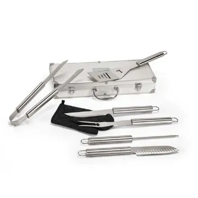 Kit churrasco. Aço inox. Luva de cozinha em poliéster e 6 peças em estojo de alumínio. Food grade...