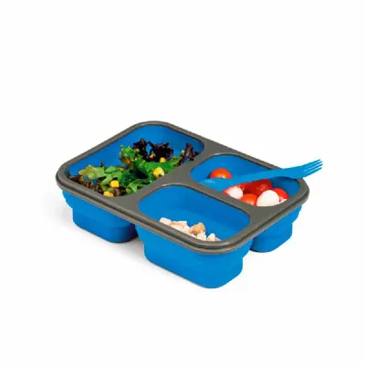 Marmita retrátil. Silicone e PP. Com 3 compartimentos e talher 2 em 1 (garfo e colher). Capacidad...