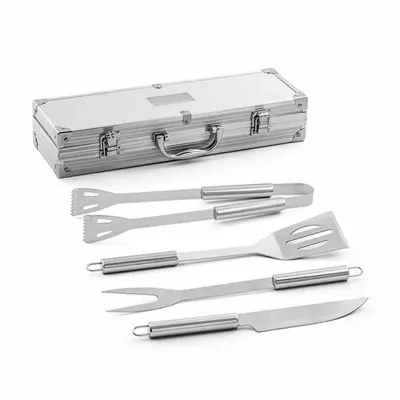 Kit churrasco. Aço inox. 4 peças em estojo de alumínio. Food grade. Estojo: 385 x 110 x 80 mm | P...