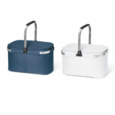 Sacola térmica flexível nas cores azul e branca