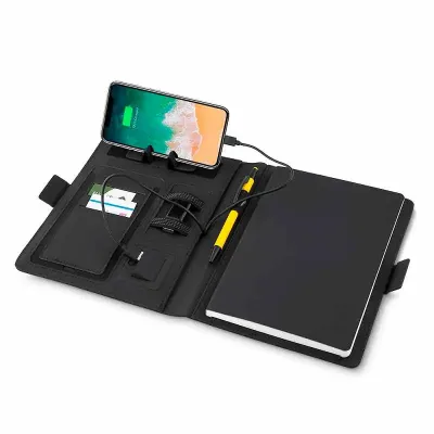 Caderno com carregador power bank por indução personalizado