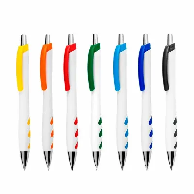 Caneta plástica branca com detalhes coloridos personalizada