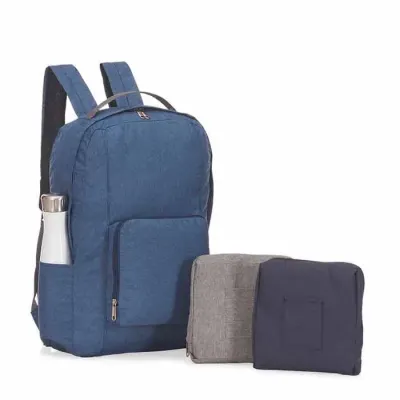 Mochila dobrável, alça de mão, bolso frontal com ziper bolso lateral, tecido poliéster.