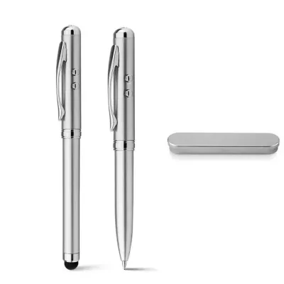 Esferográfica. Metal. Com lanterna, ponteira laser e ponteira touch. Incluso 3 pilhas LR41. Em es...