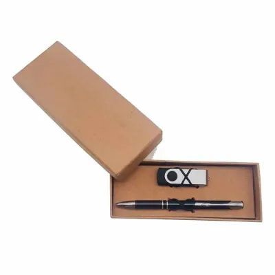 Kit pen drive giratório com capacidade de 4gb com caneta em embalagem kraft.